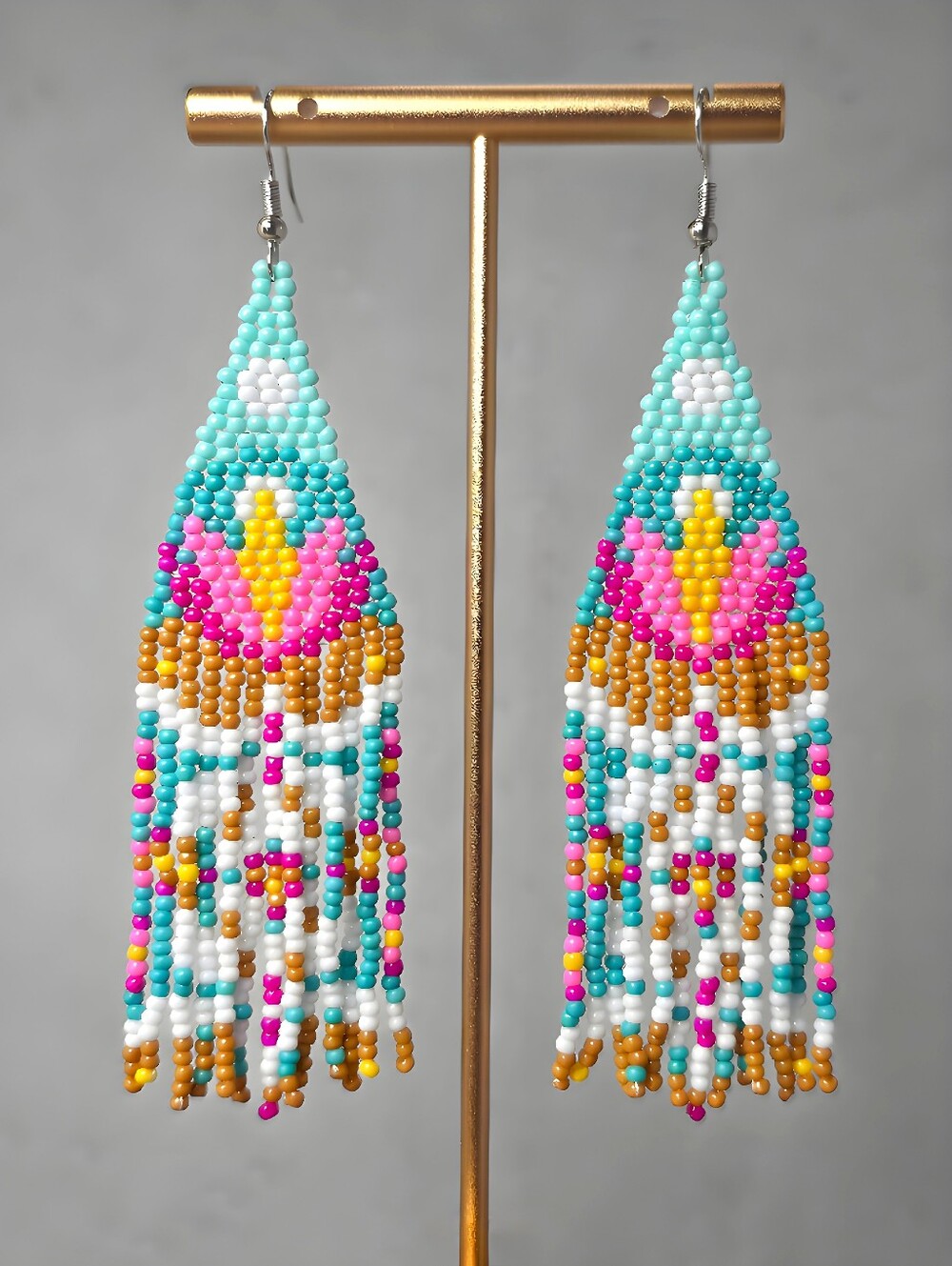 Lotus Floral Boho Fringe Beaded Earrings Cottagecore Seed Bead - Turquoise